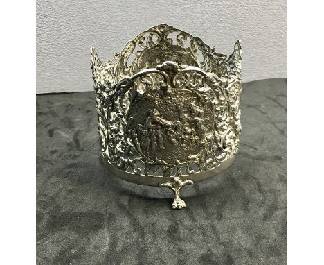 Embossed scenic panel Dutch silver wine bottle holder measures approx 9cm tall and 9ins diameter Dutch silver hallmarks 