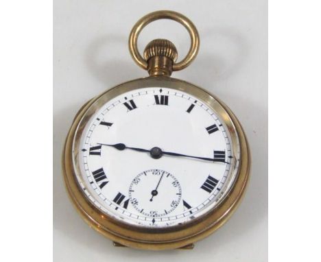 A gold plated pocket watch, with white enamel dial, seconds dial, blue hands, bezel wind, in original box.