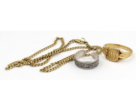 A gentleman's signet ring, of shaped outline, initialled to the centre, yellow metal marked 9ct, size X, 7g, a necklace with 