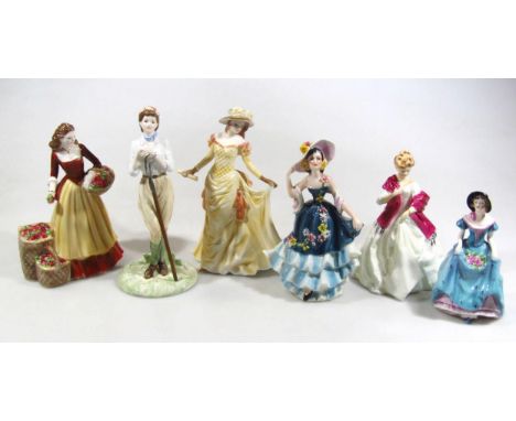 Various Royal Worcester figures and others, to include Street Sellers Apple, printed marks beneath, 21cm high, Goebel Hummel 