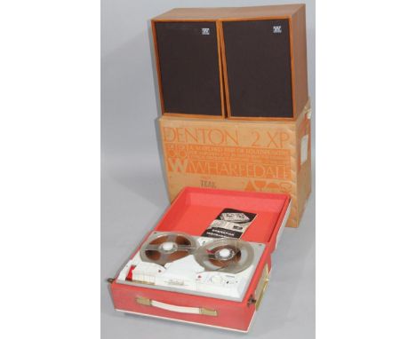 A pair of retro Wharfedale Denton 2XP speakers, 41cm high, 27cm wide, 26cm deep, and a Robuk Arcade 3 twin track tape recorde