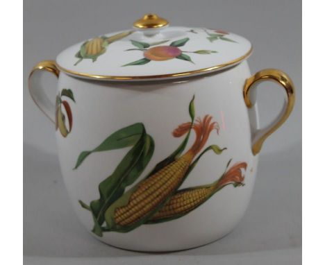 A Royal Worcester Evesham pattern oven-to-table two handled lidded jar, decorated with sweetcorn, etc., with gilt highlights,