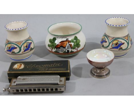 A mid 20thC boxed Chromatic harmonica, 13cm wide, two Devon pottery squat vases, a silver based vase and a Bovey Dartmoor squ