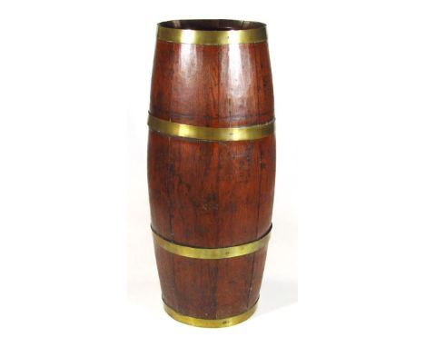A 19thC coopered oak stick barrel, of cylindrical outline with four brass bands, 68cm high.