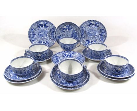 A set of six Adams china 1780 commemorative blue and white over sized cups and saucers, the cups 17cm dia. numbered 623294, t