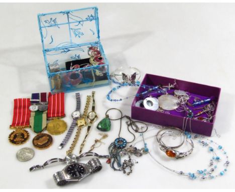 A quantity of modern costume jewellery and medals, to include two Rotary ladies wristwatches, Sekonda wristwatch, necklaces, 