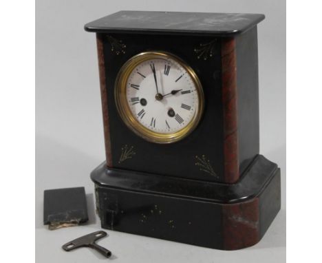 A late Victorian slate and marble mantel clock, with 10cm dia. dial revealing an eight day movement with Roman numerals, in a
