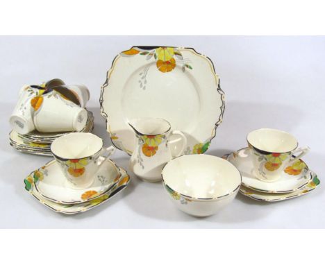 An Edith Gater Springtime Art Deco part tea service, decorated with insects and flowers, to include sandwich plate, 23cm wide