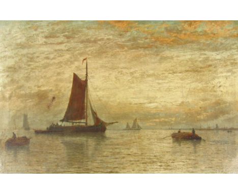 •George Stanfield Walters (1838-1924).  Calm seascape, rowing boats before masted ship, oil on canvas, signed, 33cm x 50cm.
