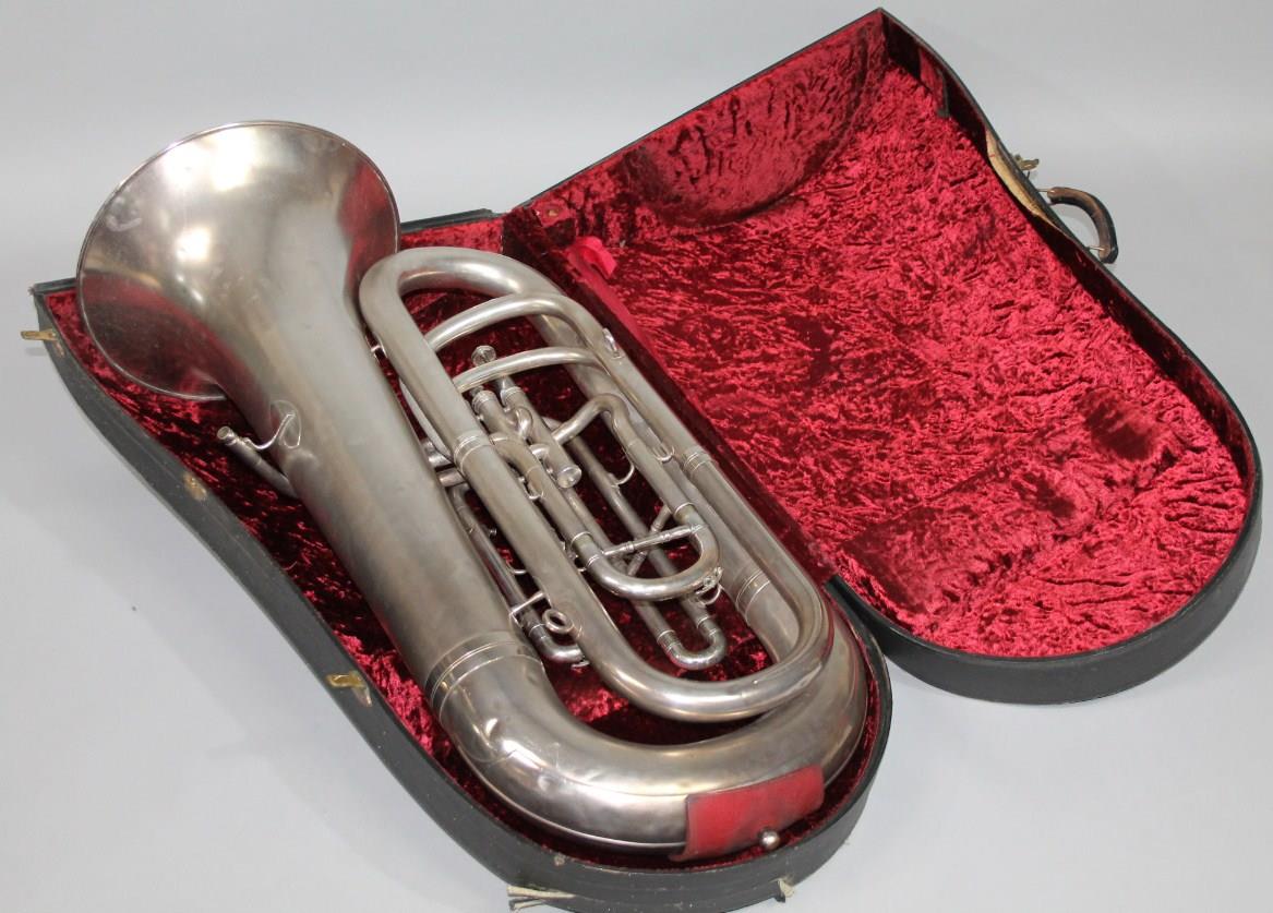 A Boosey & Hawkes Imperial tuba, in chrome colours, lacking mouthpiece, 103cm high. (cased)