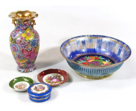 Various china, comprising of a Minton's lustre bowl, of circular outline, partially ribbed and decorated with fruit predomina