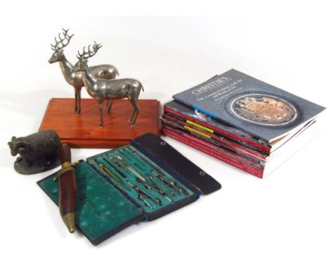 Bygones, collectables etc., to include two hollow Russian metal figures of stags, 27cm high, white metal, a sheep sculpture, 