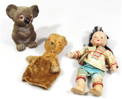 Various puppets, toys, etc., Sooty style hand puppet, 22cm high, child doll head and a koala figure. (3)