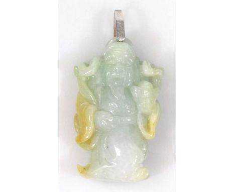 A Chinese jade bi-coloured figure of standing hotei, with flowing beard and robes, mainly in green with shaped metal hook top