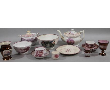 Various early 19thC and later pink lustre ware, mainly Sunderland and North East, to include a Crimea bowl, 20cm dia. cups, s