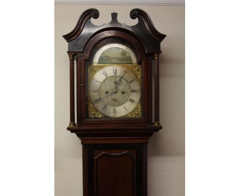 A 19thC eight day oak and mahogany cased longcase clock, the brass painted 33cm silvered dial marked John Sawyer Leeds, with 