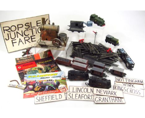 Various die-cast OO gauge trains, a copper boiler stationary engine on stand, 16cm high, various track, part ephemera, etc. (