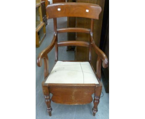 A PAIR OF EARLY VICTORIAN MAHOGANY DINING CHAIRS WITH BALLOON VARIANT BACKS AND TRAFALGAR SEATS AND A SIMILAR AGED OPEN ARMCH