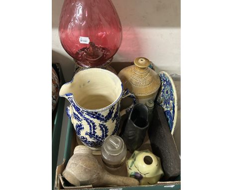 A Miller Lamp with a cranberry glass shade, assorted ceramics and other items (box)Glass shade chipped, lamp base altered