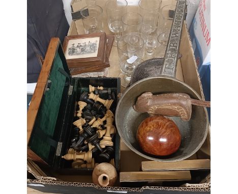 Two encaustic type tiles, nine glass rummers, a bronze trivet, T P B Water, and other items (box)