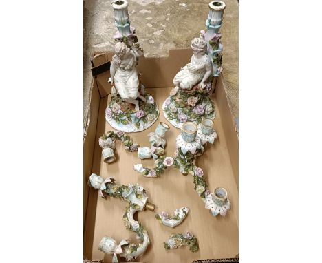 A pair of Dresden figural candelabra, the bases 34 cm high, branches brokenVarious losses - see image