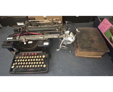 An 18th century bible, incomplete, a silver plated kettle, stand and burner, a typewriter, toys, car badges and other items (