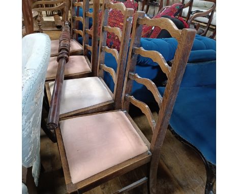 A pair of Edwardian corner armchairs, a set of four ladder back chairs, two other chairs, and a curtain pole (9)