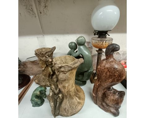 An oil lamp, a pair of Art Nouveau style pottery vases, three sculptures, and three pictures (9)