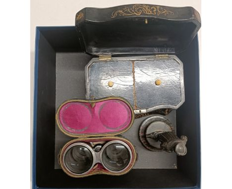 A 19th century paper mache tea caddy, 18 cm wide, a pair of binoculars, and a bronze figure of a man, 10 cm high