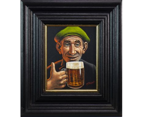 GRAHAM MCKEAN, THE MAN WHO LOVED BEER oil on canvas, signed 25cm x 25cm Framed