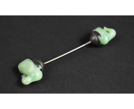 Two Small Chinese Carved Jade Duck Beads, Now Mounted with Pewter and on Conjoing Metal Stick, 17cm long 