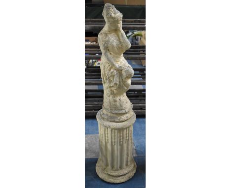 A Reconstituted Stone Garden Statue on Ribbed  Column Plinth, Overall Height 118cm 