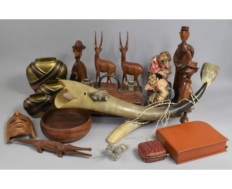 A Collection of Carved Wooden Ornaments, Treeware, Horn Fish Lamp etc 