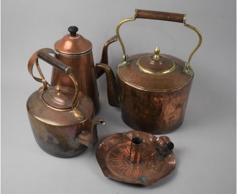 A Collection of Various Copper Items to Include Arts and Crafts Bed Chamber Stick, Kettles and Coffee Pot 