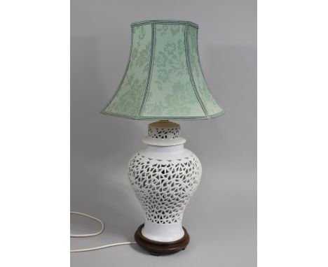 A Chinese Blanc De Chine Reticulated Vase Shaped Table Lamp, Complete with Shade, Overall Height 66cm 