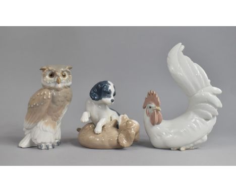 Two Nao Figures, Puppy Group and Owl Together with a Lladro Cockerel 