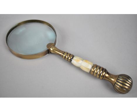 A Modern Brass and Mother of Pearl Handled Desktop Magnifying Glass, 25.5cms Long 