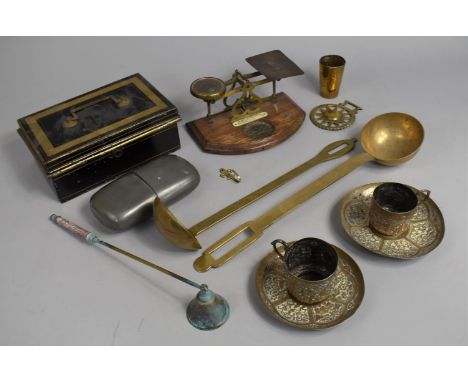 A Collection of Sundries to Include Brasswares, Repousse Work Cups and Saucers, Hip Flask etc 
