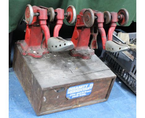 A Pair of Vintage Metal Industrial Shoe Formers Mounted on Wooden Block with Two Drawers Containing Tools 
