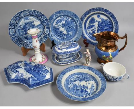 A Collection of Various 19th Century Blue and White to Comprise Shaped River Village Scene Tureen and Cover, Small Lidded Tur