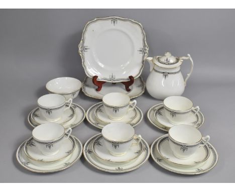 A Paragon Black Trim Tea Set to Comprise Hot Water Pot, Sugar Bowl, Six Cups, Six Saucers, Six Side Plates and Two Cake Plate