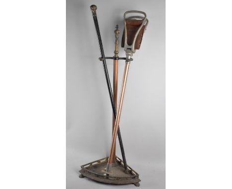 A Late Victorian Brass Mounted Corner Stick Stand with Triangular Base Tray, Also with Silver Topped Ebonised Walking Cane an