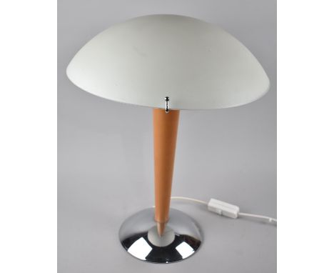 A Modern Vintage Style Table Lamp with Circular Shade, Wooden Supports and Chromed Base, 52cms High 