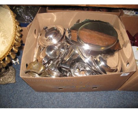 Box of assorted metalware to include plated goblets, trays, tea service, bottle coaster, muffin dish etc.