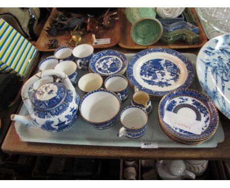 Tray of Royal Worcester blue and white oriental design china tea pot and matching cup and saucers together with other Staffor