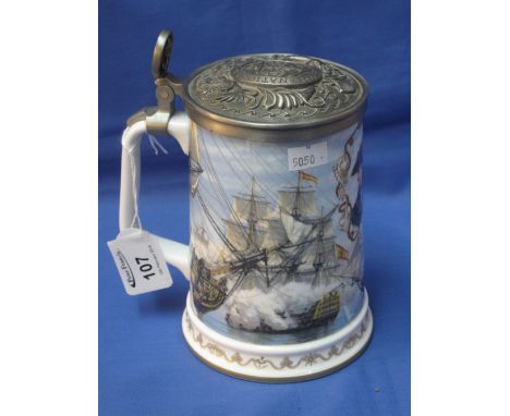 Royal Worcester porcelain 'Nelson's Victory at Trafalgar', commemorative tankard with pewter cover, produced for the 50th Ann