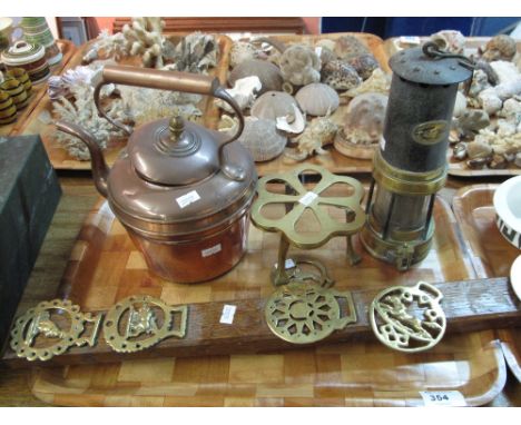 F.Thomas and Williams Ltd Aberdare Miners safety lamp together with brass trivet stand, copper kettle etc. 