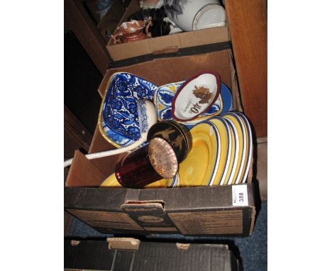 Tray of assorted china to include large blue and white willow ladle, various continental plates, bowls etc. 