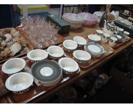 Three trays of Wedgewood bone china Susie Cooper design green keystone, coffee and dinnerware items comprising coffee set wit