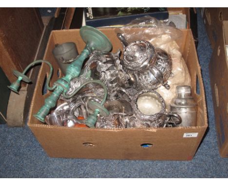 Box of assorted metalware to include various loose plated cutlery, hip flask, plated hip flask in hide leather case, Victoria